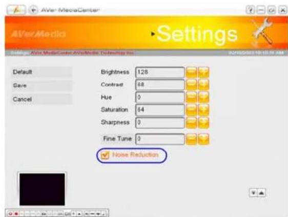 AVer Media Center Settings AVer Media Center AVerMedia Technologies Inc. Default Save Cancel Brightness 128 Contrast 68 Hue 0 Saturation 64 Sharpness 0 Fine Tune 0 Noise Reduction