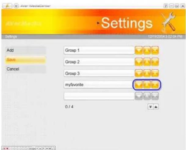 Aven MediaCenter Settings Add Save Cancel Group 1 Group 2 Group 3 myfavorite 0 / 4 12/19/2004 3:02:04 PM