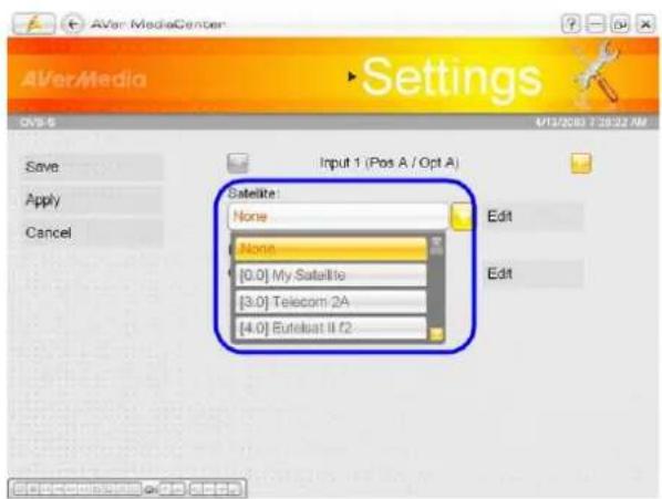 AVer MediaCenter Settings CNS-S V13/2002 7:28:22 AM Save Apply Cancel Input 1 (Pos A / Opt A) Satellite: None Edit None [0.0] My Satellite [3.0] Telecom 2A [4.0] Eutelsat II F2 Edit