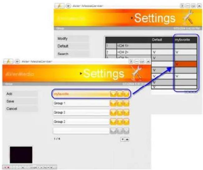 AVar MediaCenter Settings Group Modify Default Search 1 2 3 Default myfavorite V V V V V V Add Save Cancel myfavorite Group 1 Group 2 Group 2 1/4