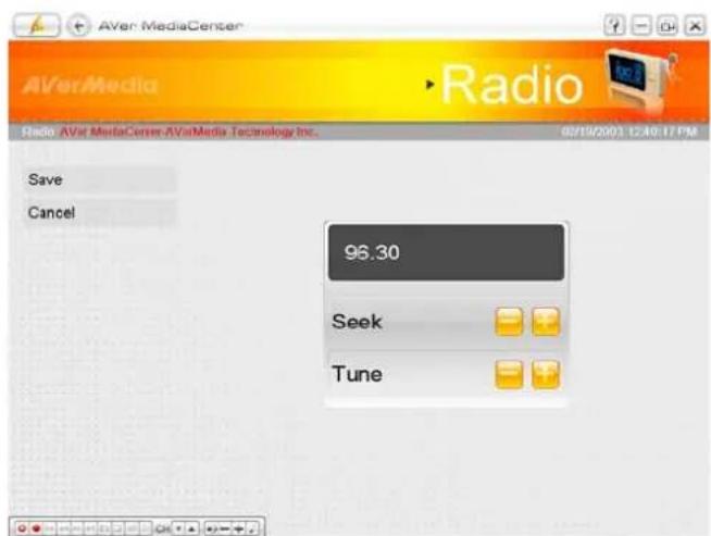 AVerMedia Radio AVir MediaCenter-AVarMedia Technology Inc. 02/19/2001 12:40:17PM Save Cancel 96.30 Seek Tune