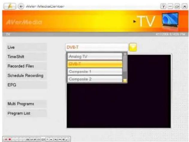 AVerMediaCenter AVerMedia TV 417208 61455 PM Live TimeShift Recorded Files Schedule Recording EPG Multi Programs Program List DVB-T Analog-TV DVB-T Composite 1 Composite 2