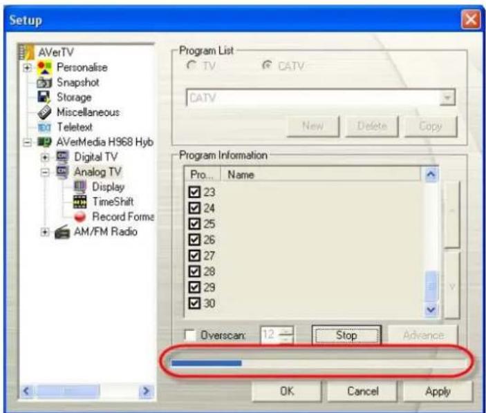 Setup AVerTV Personalise Snapshot Storage Miscellaneous Teletext AVerMedia H968 Hyb Digital TV Analog TV Display TimeShift Record Forms AM/FM Radio Program List TV CATV CATV New Delete Copy Program Information Pro..._Name 23 24 25 26 27 28 29 30 Overscan: 12 Stop Advance OK Cancel Apply