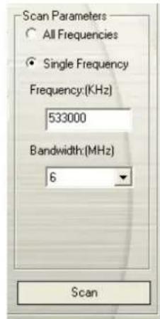 Scan Parameters All Frequencies Single Frequency Frequency (KHz) 533000 Bandwidth (MHz) 6 Scan