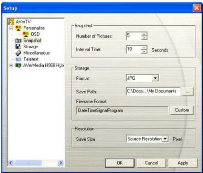 Setup AVerTV Personalise OSD Snapshot Storage Miscellaneous Teletext AVerMedia H968 Hyb Snapshot Number of Pictures: 5 Interval Time: 10 Seconds Storage Format: JPG Save Path: C:\Docu...\My Documents ... Filename Format: DateTimeSignalProgram Custom Resolution Save Size Source Resolution Pixel OK Cancel Apply
