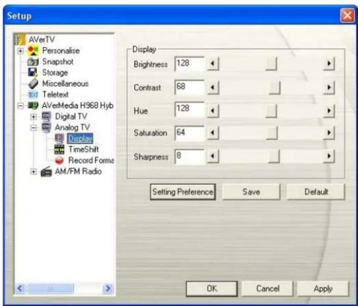 Setup AVerTV Personalise Snapshot Storage Miscellaneous Teletext AVerMedia H968 Hyb Digital TV Analog TV Display TimeShift Record Forms AM/FM Radio Display Brightness 128 Contrast 68 Hue 128 Saturation 64 Sharpness 8 Setting Preference Save Default OK Cancel Apply