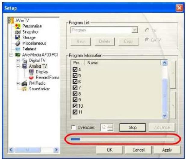 Setup AVetTV Personalize Snapshot Storage Miscellaneous Telex AVetMediaA700 PCI Digital TV Analog TV Display Record Forma FM Radio Sound mixer Program List Program New Delete Copy CATV Program Information Pro. Name 4 5 6 7 8 9 10 11 Overscan: Stop Advance OK Cancel Apply