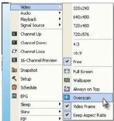 Video Audio Playback Signal Source Channel Up Channel Down Channel Loop 16-Channel Preview Snapshot Setup Schedule EPG Sleep Skins PIP 320x240 640x480 720x480 720x576 4:3 16:9 Free Full Screen Wallpaper Always on Top Overscan Video Frame Keep Aspect Ratio