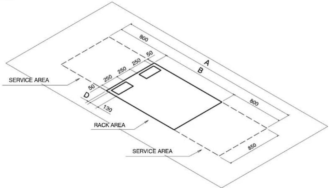 SERVICE AREA D 50 250 250 250 50 130 RACK AREA SERVICE AREA 800 A B 800 850