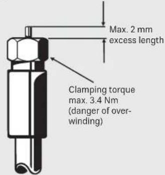 Max. 2 mm excess length Clamping torque max. 3.4 Nm (danger of over- winding)