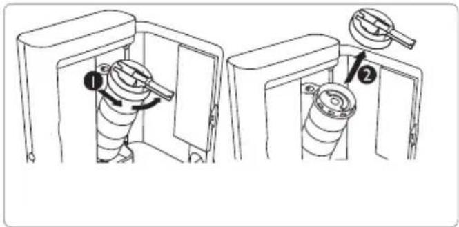 Diagram showing two steps of a mechanical device with labeled parts, including a gear mechanism and a valve mechanism.