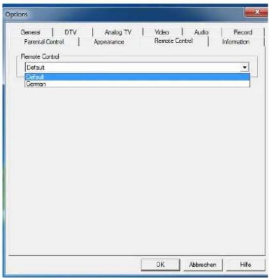 Options General | DTV | Analog TV | Video | Audio | Record Parental Control | Appearance | Remote Control | Information Remote Control Default Default German OK Abbrechen Hife