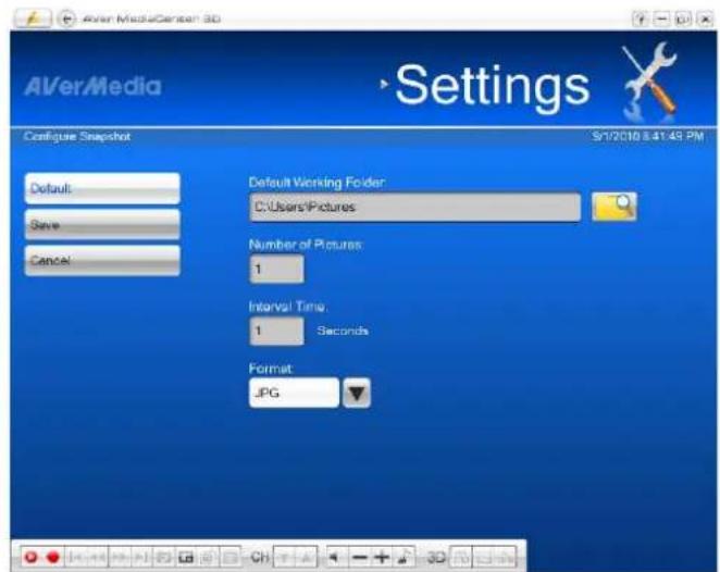 AVer Media Settings Configure Snapshot S/1/2010 8:41:49 PM Default: Save Cancel Default Working Folder: C:\Users\Pictures Number of Pictures 1 Interval Time: 1 Seconds Format: JPG