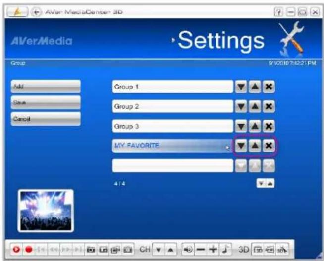 AVerMediaCenter 3D Settings Group Add Save Cancel Group 1 Group 2 Group 3 MY PAVORITE 4/4 8/2010 7:02:21 PM