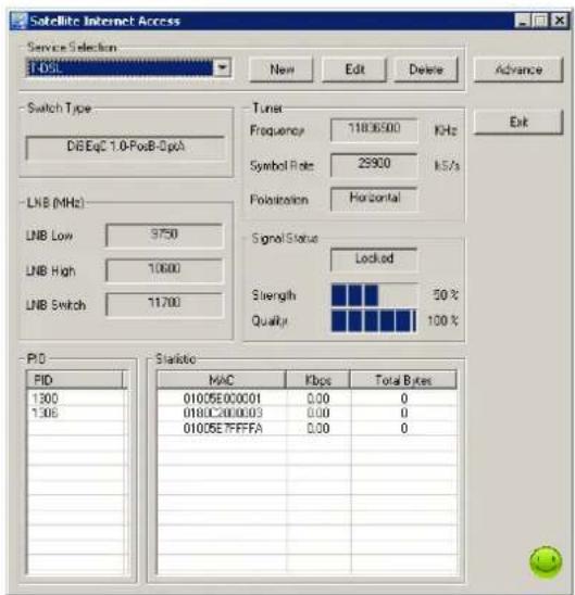 Satellite Internet Access Service Selection 1-DSL New Edit Delete Advance Switch Type D:\B EqC 1.0-FosB-DpA Tuning Frequency 11806500 KHz Symbol Rate 29900 kS/s Polistration Horizontal Signal Status Locked Strength 50% Quality 100% PID MAC Kbps Total Bytes 1300 1306 01005E000001 0180C2000003 01005E7FFFFA 0.00 0.00 0.00 0.00 0.00 0.00 0.00 0.00 0.00 0.00 0.00 0.00 0.00 0.00 0.00 0.00 0.00 0.00 0.00 0.00 0.01