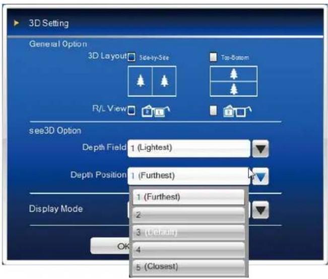 3D Setting General Option 3D Layout Side-by-Size Top-Bottom R/L View see3D Option Depth Field 1 (Lightest) Depth Position 1 (Furthest) Display Mode OK 4 5 (Closest)