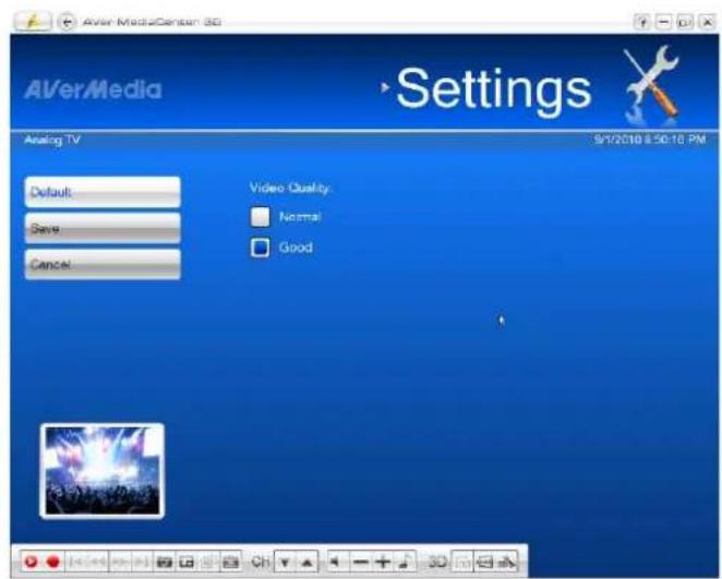 AVerMedia Settings Analog TV 9/1/2018 $50:16 PM Default: Save Cancel Video Quality: Normal Good