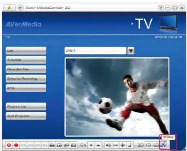AVerMediaCenter 3D AVerMedia TV 9/12/010:04:54PM Live TimeShift Recorded Files Schedule Recording PNG Program List Multi Programs OVB-T 3D Setting 3D