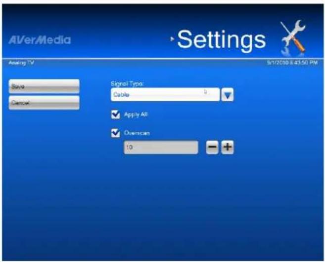 AVerMedia Settings Applying TV 9/1/2010 8:43:50 PM Save Cancel Signal Type: Cable Apply All Downscan 10