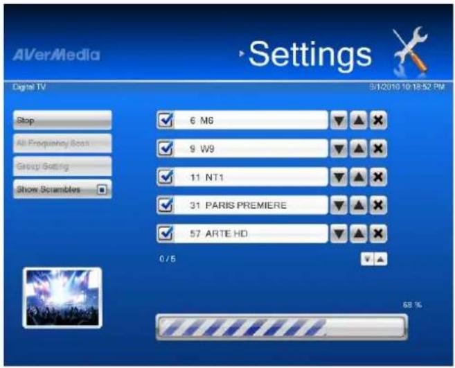 AVerMedia Settings Digital TV Stop All Frequency Scs Group Setting Show Scrambles 6 M6 9 W9 11 NT1 31 PARIS PREMIERE 57 ARTE HD 0 / 5 9/1/2010 10:18:52 PM 88 %