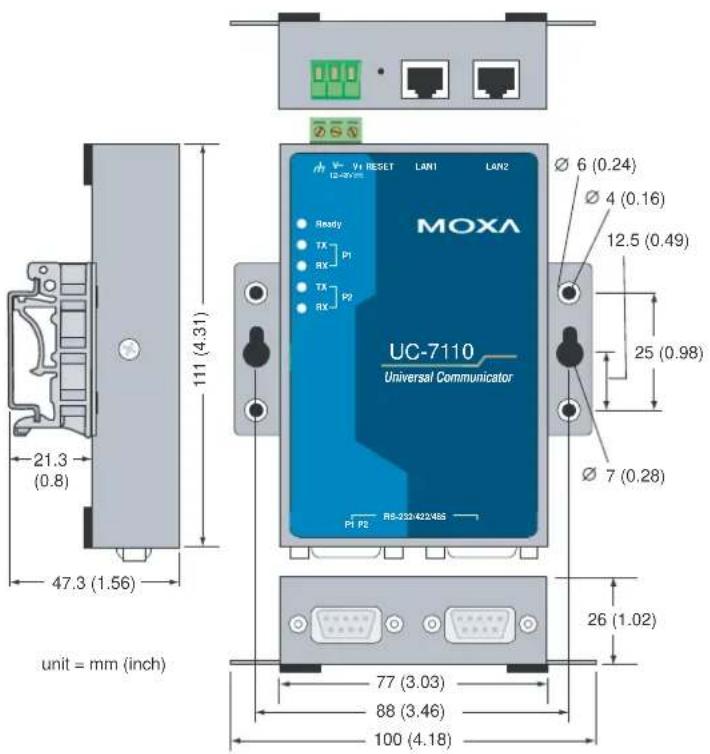 MOXA UC-7110 Universal Communicator 21.3 (0.8) 47.3 (1.56) 111 (4.31) unit = mm (inch) 77 (3.03) 88 (3.46) 100 (4.18) 6 (0.24) 4 (0.16) 12.5 (0.49) 25 (0.98) 7 (0.28) 26 (1.02)