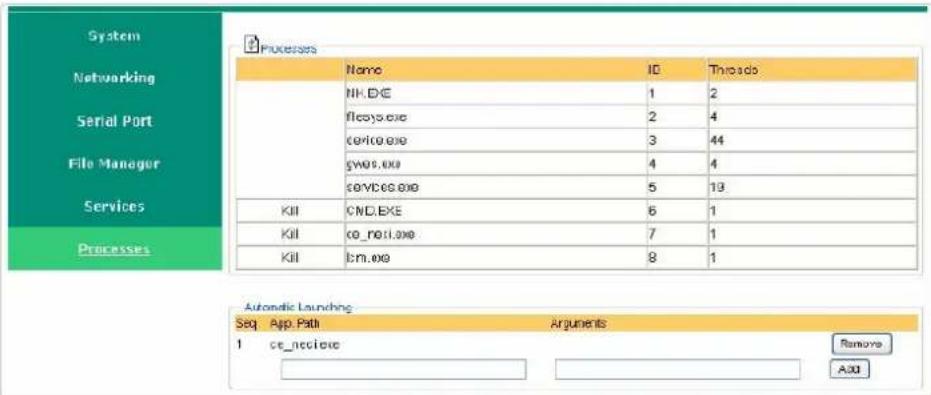 System Networking Serial Port File Manager Services Processes Name ID Threads NH.DXE 1 2 filesys.exe 2 4 certio.exe 3 44 gwos.exe 4 4 certioce.exe 5 19 KII CND.EXE 6 1 KII c0_noi.exe 7 1 KII cm.exe 8 1 Automatic Launching Seq App.Path Arguments 1 ct_nccice Remove Add