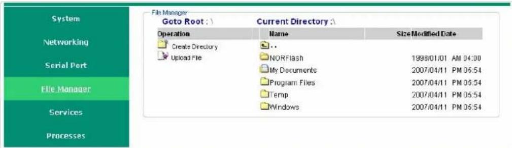 System Networking Serial Port File Manager Services Processes File Manager Goto Root : ) Current Directory : Operation Name Size Modified Date Create Directory Upload File NORFlash 1998/01/01 AM 04:00 My Documents 2007/04/11 PM 05:54 Program Files 2007/04/11 PM 05:54 Temp 2007/04/11 PM 05:54 Windows 2007/04/11 PM 05:54