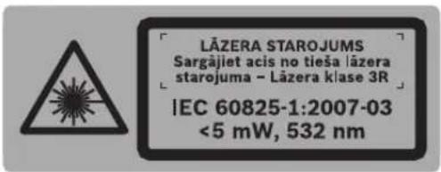 LÄZERA STAROJUMS Sargäjiet acis no tieša lāzera starojuma - Lāzera klase 3R IEC 60825-1:2007-03 <5 mW, 532 nm