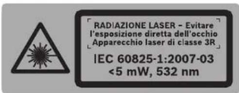 RADIAZIONE LASER - Evitare l'esposizione diretta dell'occhio Apparecchio laser di classe 3R IEC 60825-1:2007-03 <5 mW, 532 nm