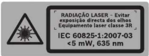 RADIAÇÃO LASER - Evitar exposição directa dos olhos Equipamento laser classe 3R IEC 60825-1:2007-03 <5 mW, 635 nm