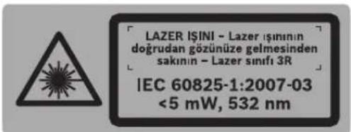 LAZER IŞINI - Lazer 1şinin doğrudan gözünüze gelmesinden sakının - Lazer sınıfı 3R IEC 60825-1:2007-03 <5 mW, 532 nm