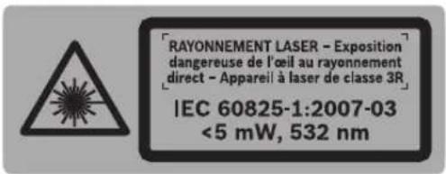 RAYONNEMENT LASER - Exposition dangereuse de l'œil au rayonnement direct - Appareil à laser de classe 3R IEC 60825-1:2007-03 <5 mW, 532 nm