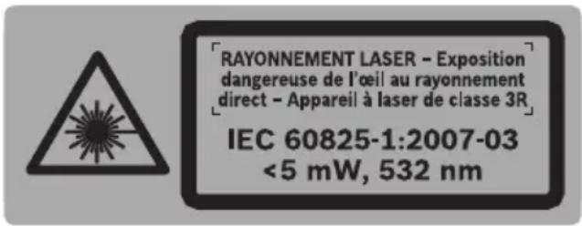 RAYONNEMENT LASER - Exposition dangereuse de l'œil au rayonnement direct - Appareil à laser de classe 3R IEC 60825-1:2007-03 <5 mW, 532 nm