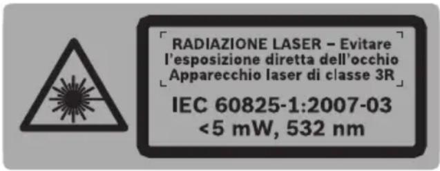 RADIAZIONE LASER - Evitare l'esposizione diretta dell'occhio Apparecchio laser di classe 3R IEC 60825-1:2007-03 <5 mW, 532 nm