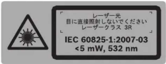 レーザー光 目に直接照射しないでください レーザークラス 3R IEC 60825-1:2007-03 <5 mW, 532 nm