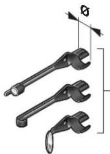 Illustration of three different wrenches with angular measurement indicators (no text or symbols)