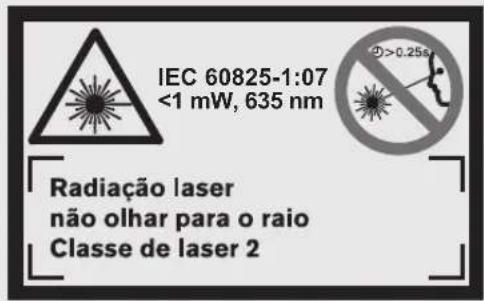 IEC 60825-1:07 <1 mW, 635 nm >0.25m Radiação laser não olhar para o raio Classe de laser 2