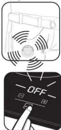 Diagram showing a device emitting sound waves and a digital display with 'OFF' button, alongside a finger pointing to it.