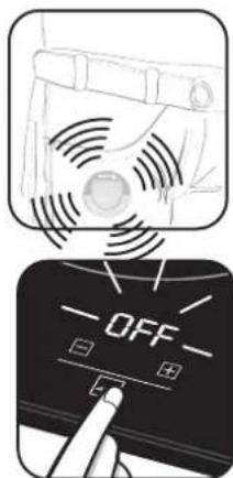 Diagram showing a fan with sound waves and a digital display labeled 'OFF' with a finger pointing to it.