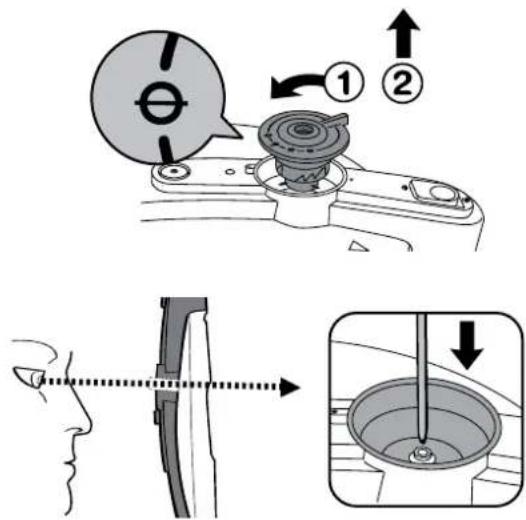 Technical diagram illustrating mechanical assembly steps with numbered instructions and magnified views of a component.