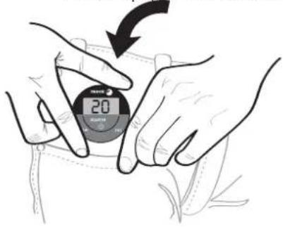 Illustration showing hands adjusting a digital stopwatch with a black arrow indicating the step, showing a 20-second measurement.