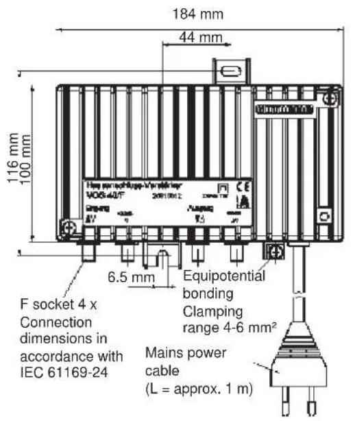 184 mm 44 mm 116 mm 100 mm 6.5 mm F socket 4 x Connection dimensions in accordance with IEC 61169-24 Equipotential bonding Clamping range 4-6 mm² Mains power cable (L = approx. 1 m)
