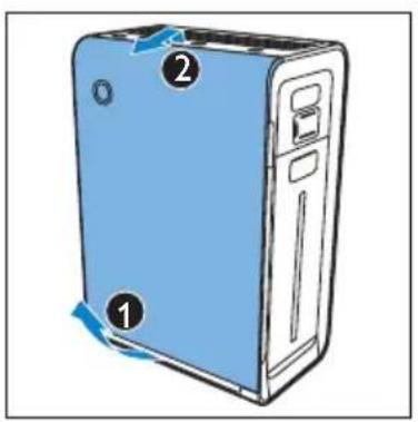 Diagram of a server unit with labeled parts and directional arrows indicating motion or movement.