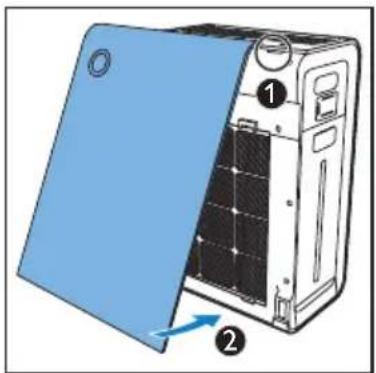 Diagram of a server rack with labeled components and directional arrow indicating assembly or movement