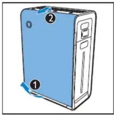 Diagram of a blue server unit with numbered components and directional arrows indicating motion or flow.