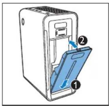 Diagram of a device with labeled parts showing a blue folder and directional arrows indicating movement or flow.