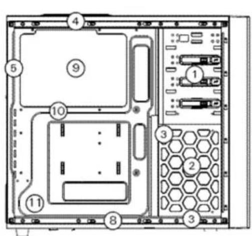 Technical diagram of a computer rack with numbered components for identification