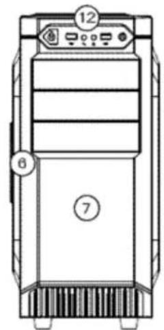 Technical diagram of a server rack with numbered components and labeled ports