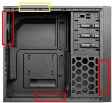 Interior view of a desktop computer tower showing drive bays and storage racks (no visible text or labels)