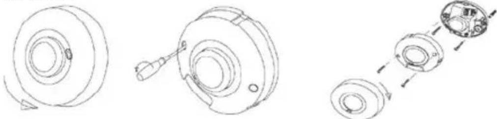Technical line drawings of mechanical components, including a circular housing, a flanged housing, and a multi-cylinder assembly (no text or symbols)